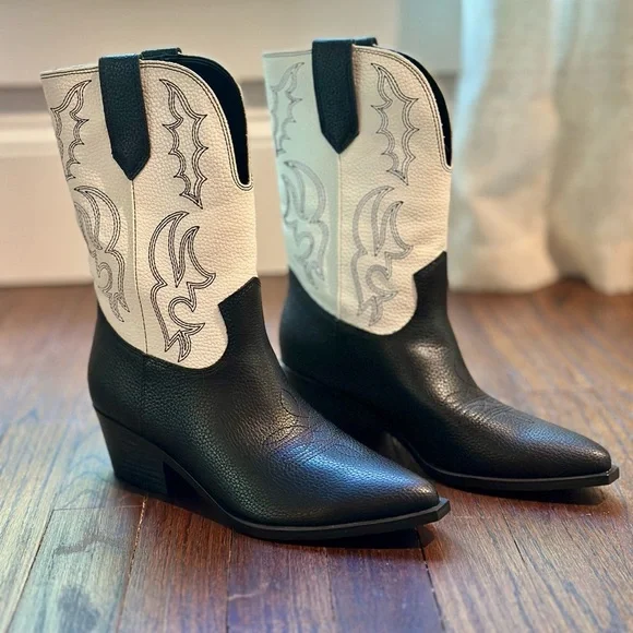 Nine West Yodown Black and Cream Western Embroidered Mid-Calf Booties- Size 8 - Picture 4 of 9